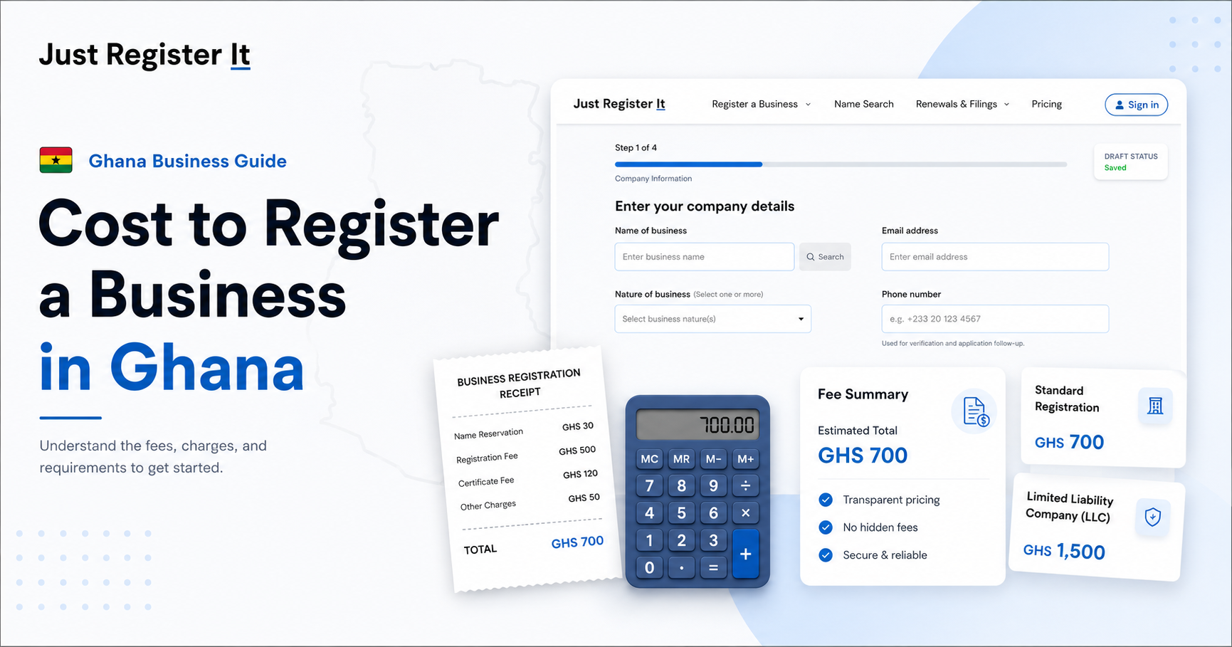 Fee summary graphic for registering a business in Ghana