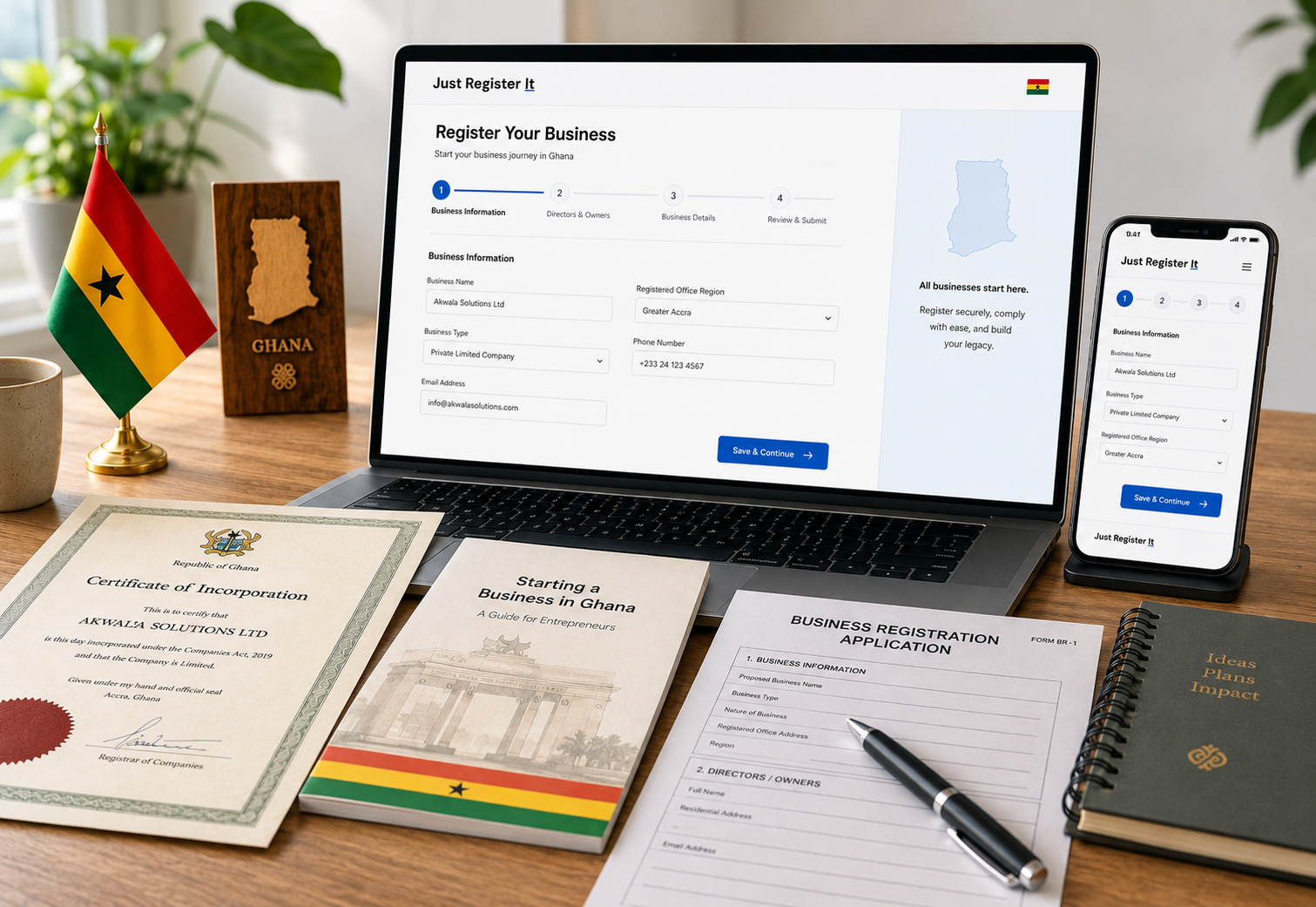 JustRegisterIt registration workspace with Ghana business documents